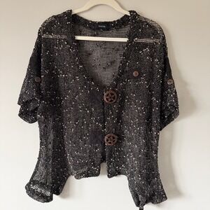 Kaktus Womens XL Black Mesh Open Knit Cropped Cardigan Short Sleeve Boho Button